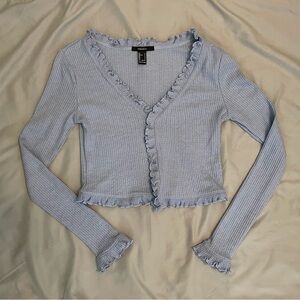 Forever 21 Light Blue Ruffled Open Cardigan Sweater Knit Cropped Top Size Small
